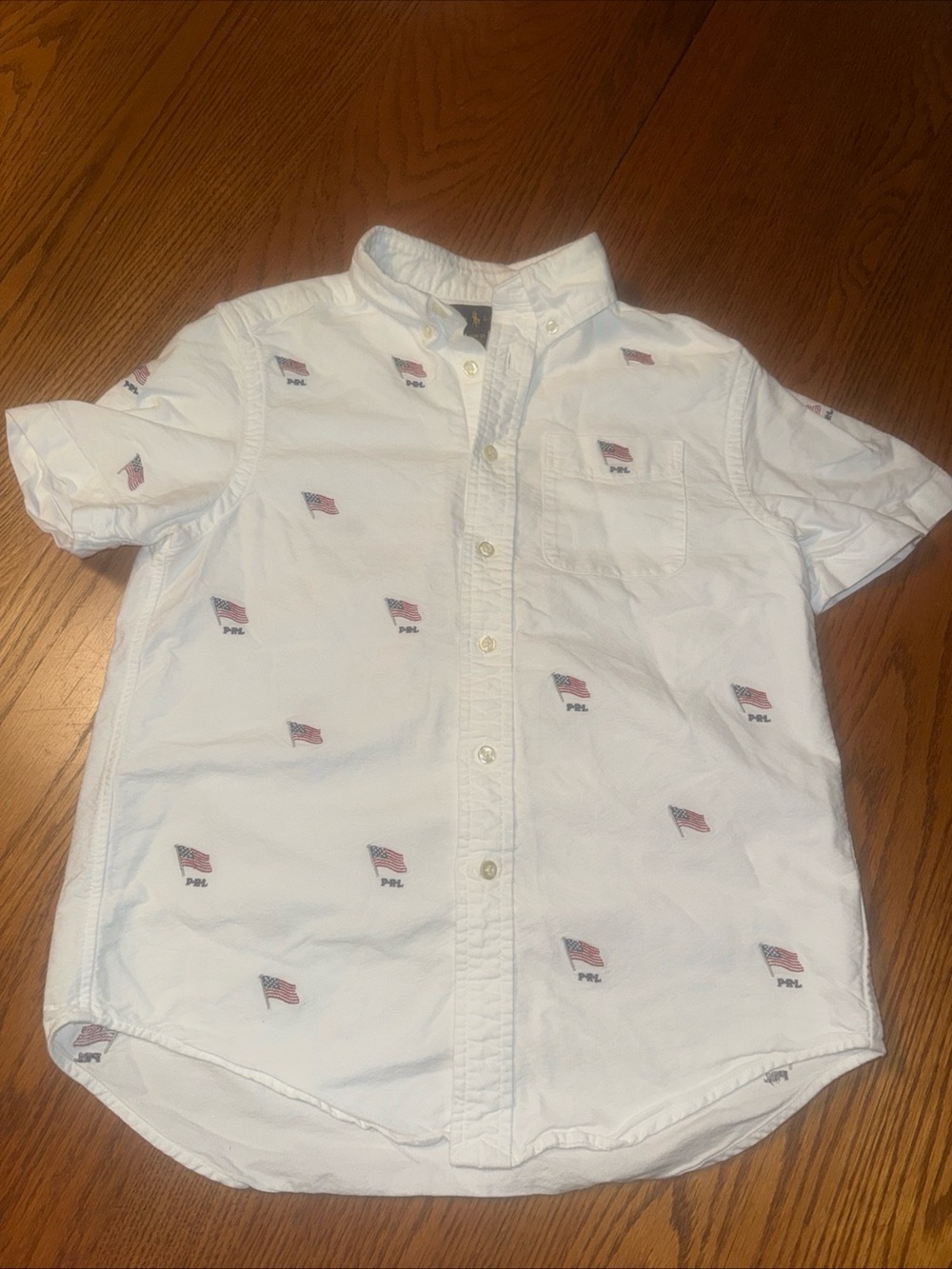 Polo by Ralph Lauren White SS Button-Down with Embroidered Flags M (10-12)
